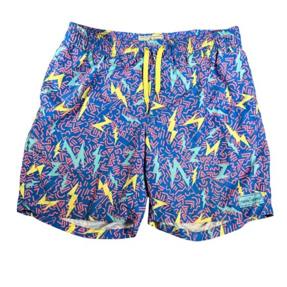 Tipsy Elves Men Medium Blue Neon 80s Geometric Lightning Bolt Swim Trunks Shorts
